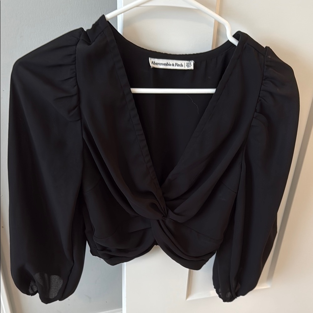 Abercrombie & Fitch Black Puff Sleeve Blouse with Tie Front